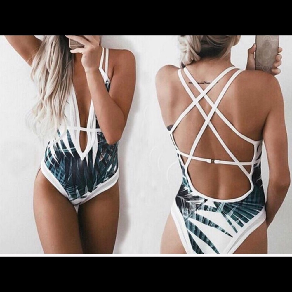 Strappy Mesh Palm Leaf Print One Piece Swimsuit